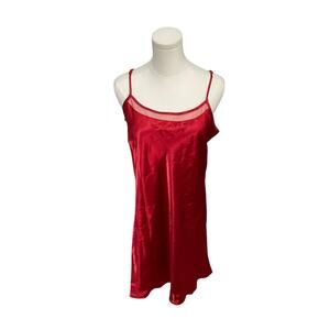 Enchanting Red Satin Slip Mini Dress Lingerie Mesh Trim Size Large